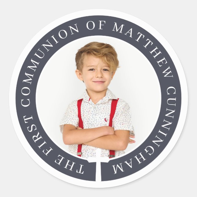 First Communion Boy Custom Photo & Simple Cross Classic Round Sticker (Front)