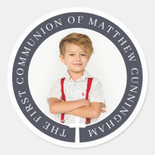 First Communion Boy Custom Photo & Simple Cross Classic Round Sticker