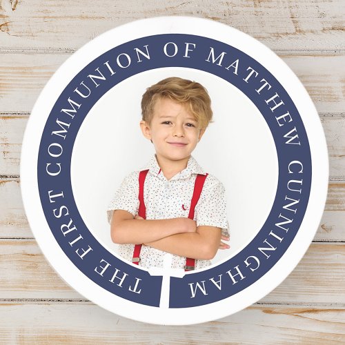 First Communion Boy Custom Photo  Simple Cross Classic Round Sticker