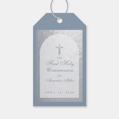 First Communion Boy Dusty Blue Faux Silver Arch  Gift Tags