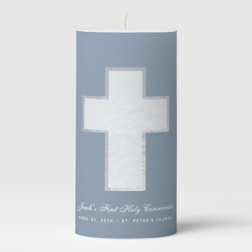First Communion Boy Dusty Blue Silver White Cross Pillar Candle