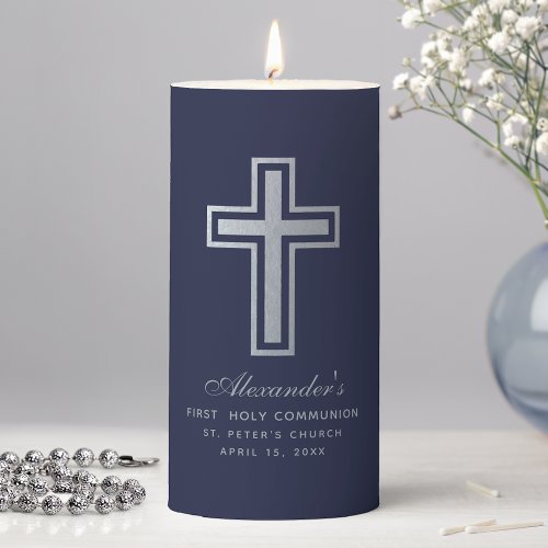 First Communion Boy Navy Blue Faux Silver Cross Pillar Candle