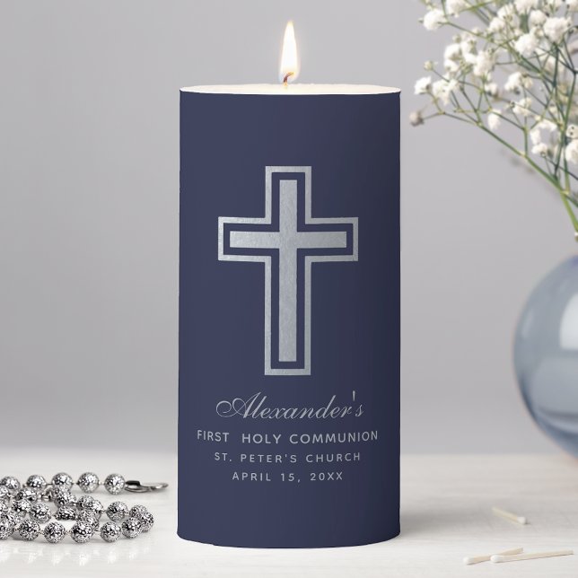 First Communion Boy Navy Blue Faux Silver Cross Pillar Candle (Creator Uploaded)