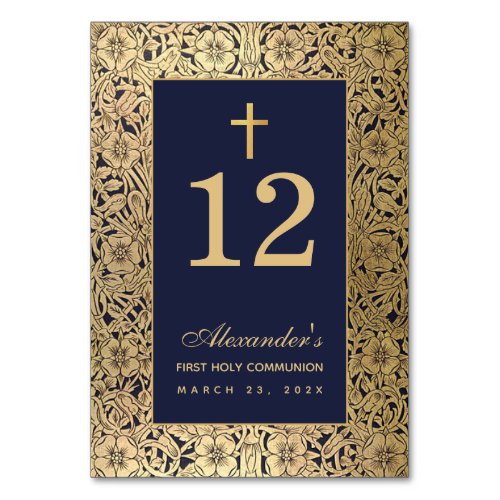 First Communion Boy Navy Blue Gold Cross Vintage Table Number