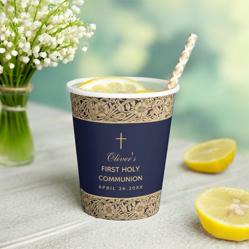 First Communion Boy Navy Blue Gold Roses Vintage Paper Cups