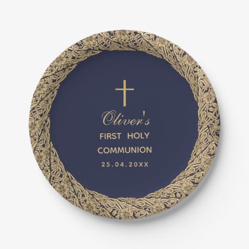 First Communion Boy Navy Blue Gold Roses Vintage Paper Plates