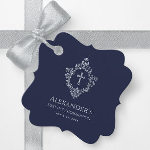 First Communion Boy Navy Blue Vintage Ornate Crest Favor Tags