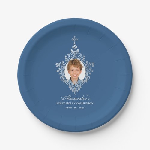 First Communion Boy Photo Classic Blue Elegant  Paper Plates