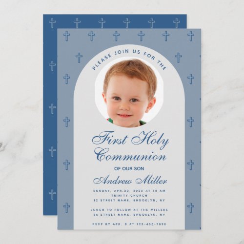 First Communion Boy Photo Dusty Blue Arch Modern Invitation