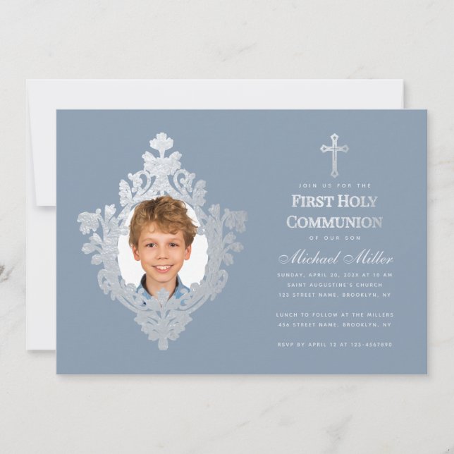 First Communion Boy Photo Dusty Blue Faux Silver Invitation (Front)