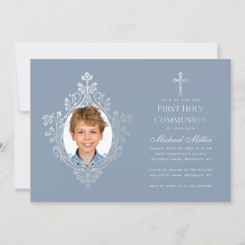 First Communion Boy Photo Dusty Blue Faux Silver Invitation