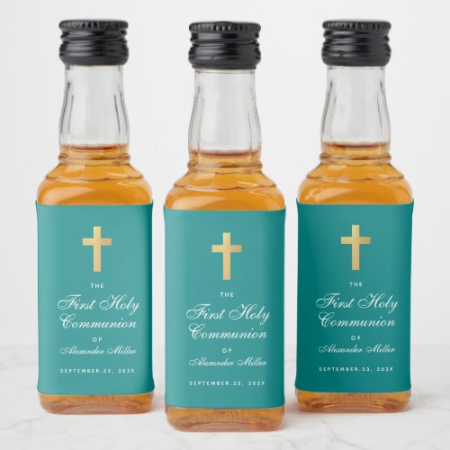 First Communion Boy Teal Simple Faux Gold Cross  Liquor Bottle Label