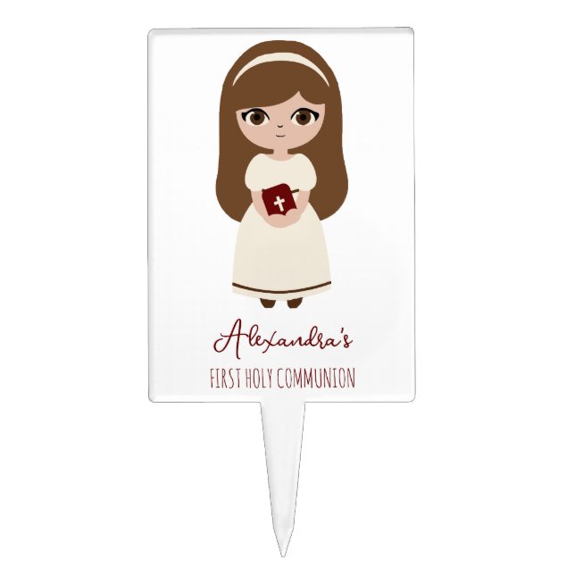 First Communion Brown Hair Cute Brunette Girl  Cake Topper (Front)