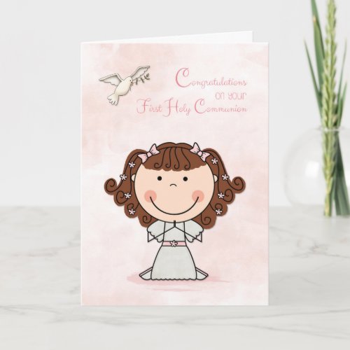 First Communion Brown Hair Girl Congratulations Card