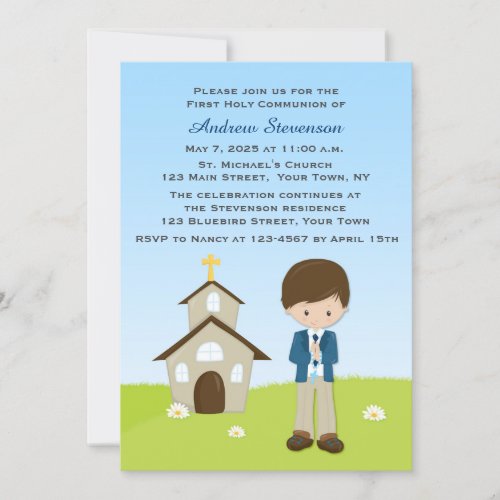 First Communion Brown Haired Boy Church Invitation