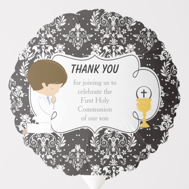 First Communion Brunette Boy Black Damask Balloon (Front)