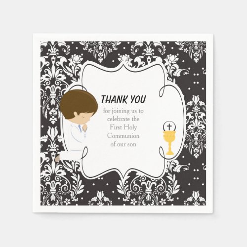 First Communion Brunette Boy Black Damask
