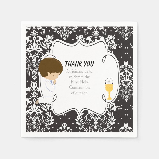 First Communion Brunette Boy Black Damask Napkins (Front)