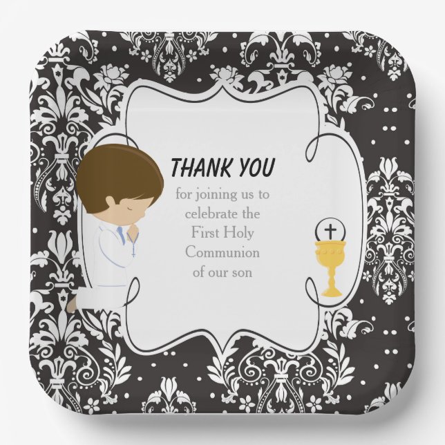 First Communion Brunette Boy Black Damask Paper Plates (Front)