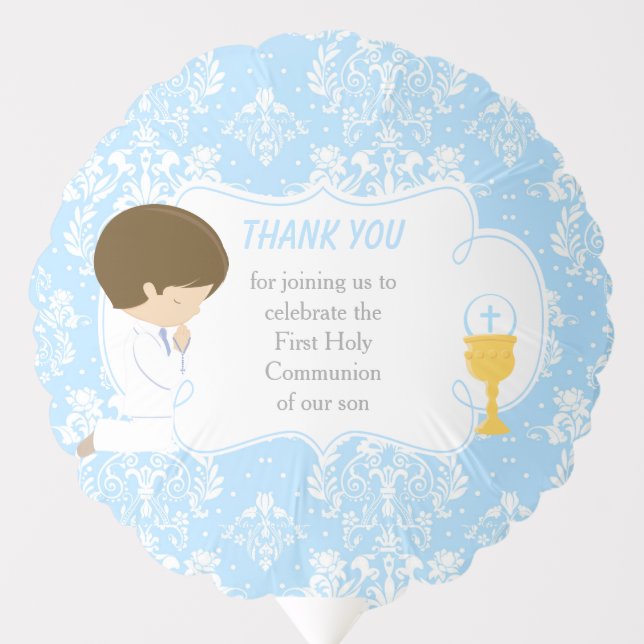 First Communion Brunette Boy Blue Damask Balloon (Front)