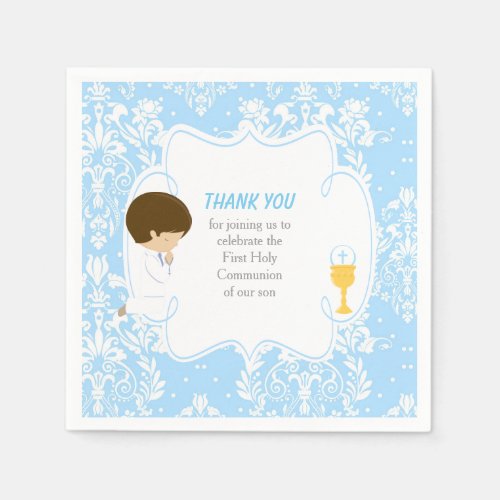 First Communion Brunette Boy Blue Damask