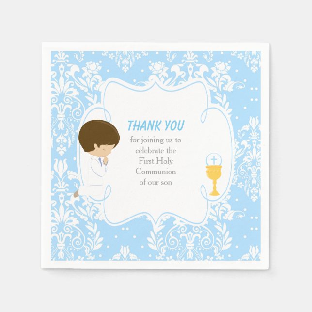 First Communion Brunette Boy Blue Damask Napkins (Front)
