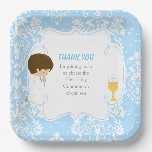 First Communion Brunette Boy Blue Damask Paper Plates (Front)