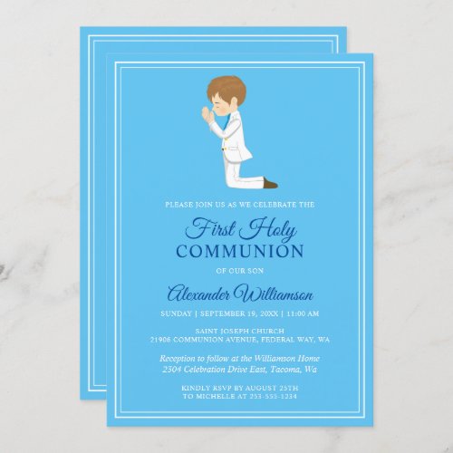 First Communion Brunette Boy Blue Invitation