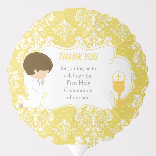 First Communion Brunette Boy Gold Damask Balloon (Front)
