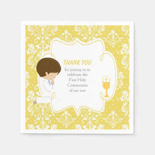 First Communion Brunette Boy Gold Damask