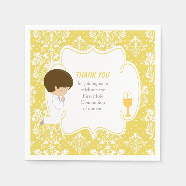 First Communion Brunette Boy Gold Damask Napkins (Front)