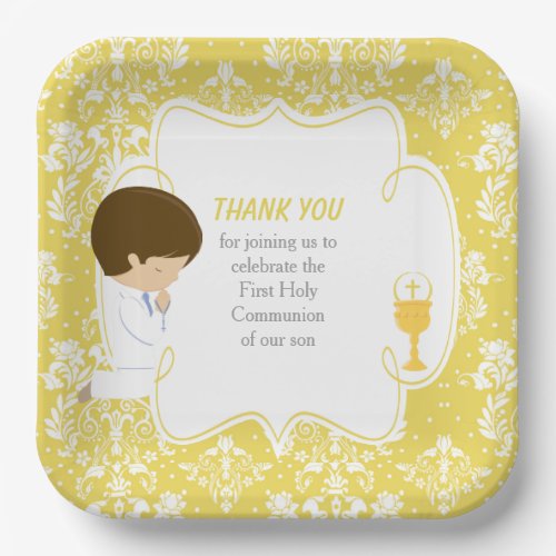 First Communion Brunette Boy Gold Damask