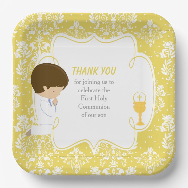 First Communion Brunette Boy Gold Damask Paper Plates (Front)