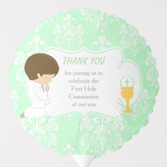 First Communion Brunette Boy Green Damask Balloon (Front)