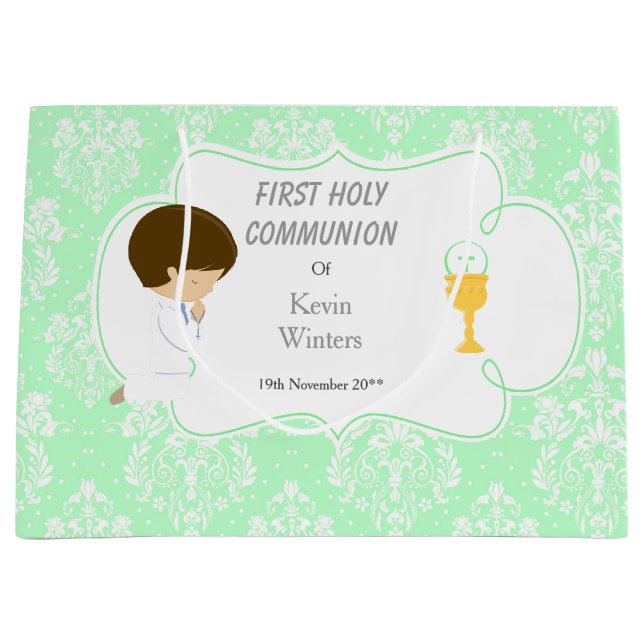 First Communion Brunette Boy Green Damask Large Gift Bag (Front)