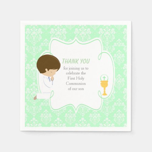 First Communion Brunette Boy Green Damask