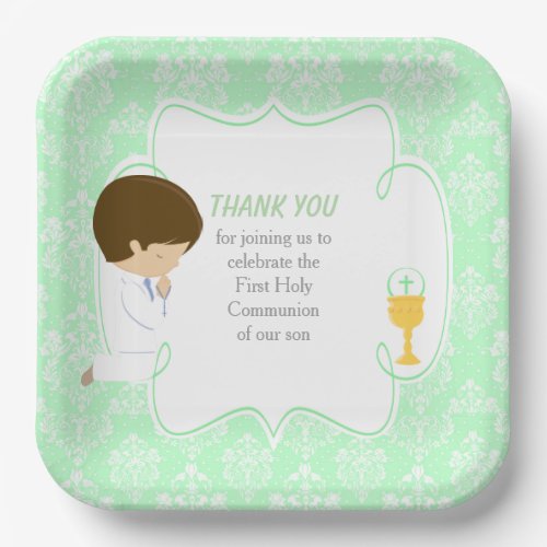 First Communion Brunette Boy Green Damask