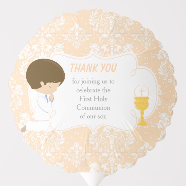 First Communion Brunette Boy Peach Damask Balloon (Front)