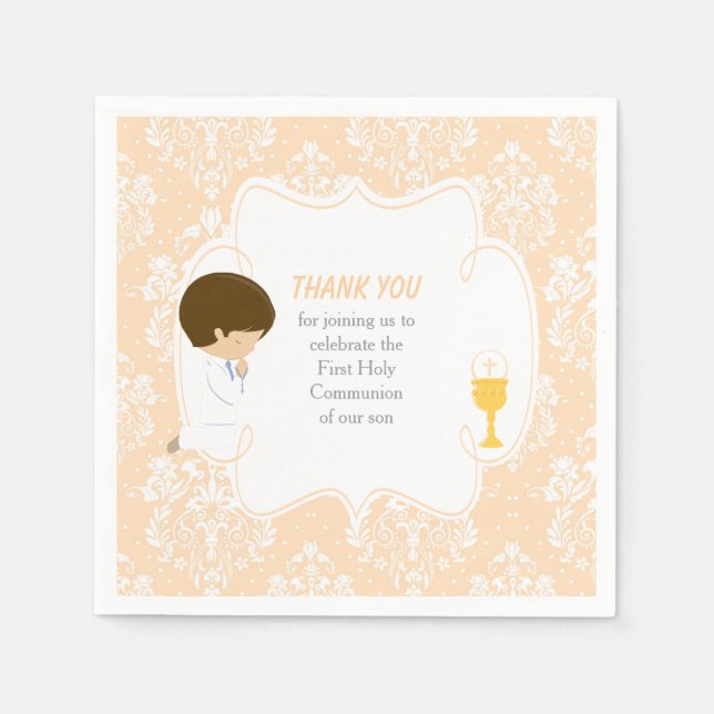 First Communion Brunette Boy Peach Damask Napkins (Front)