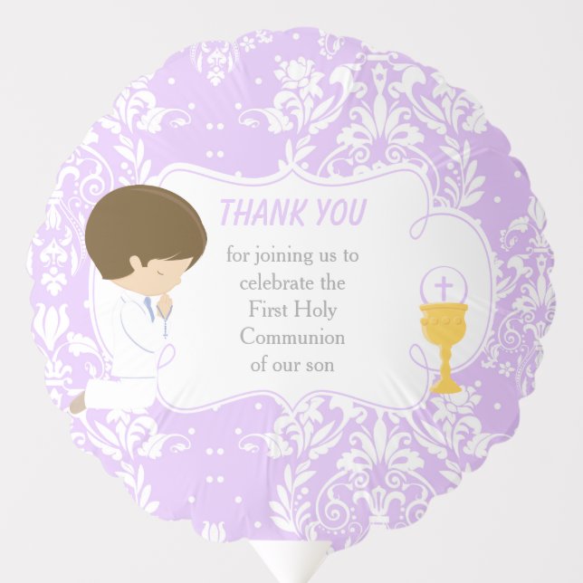 First Communion Brunette Boy Purple Damask Balloon (Front)