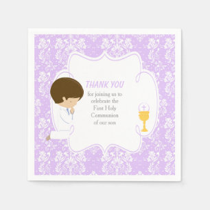 First Communion Brunette Boy Purple Damask Napkins