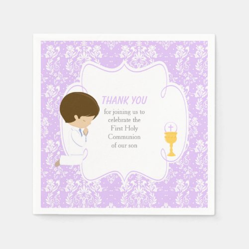 First Communion Brunette Boy Purple Damask