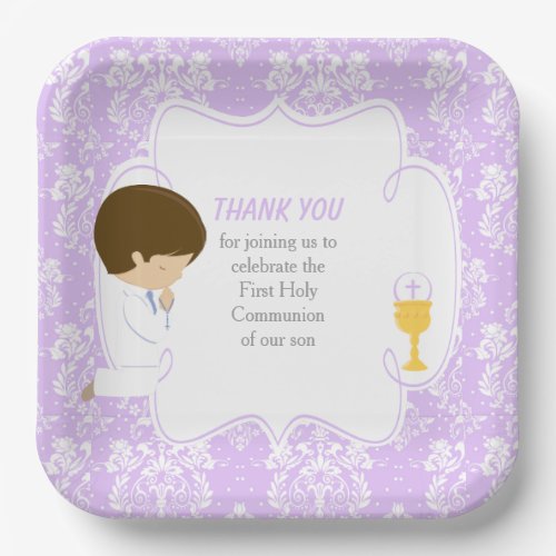 First Communion Brunette Boy Purple Damask