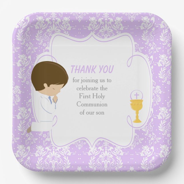 First Communion Brunette Boy Purple Damask Paper Plates (Front)