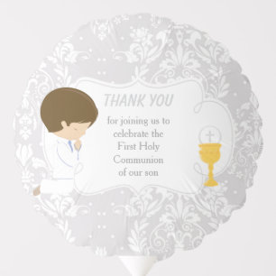 First Communion Brunette Boy Silver Damask Balloon