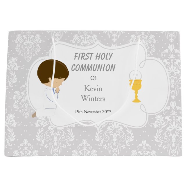 First Communion Brunette Boy Silver Damask Large Gift Bag (Front)