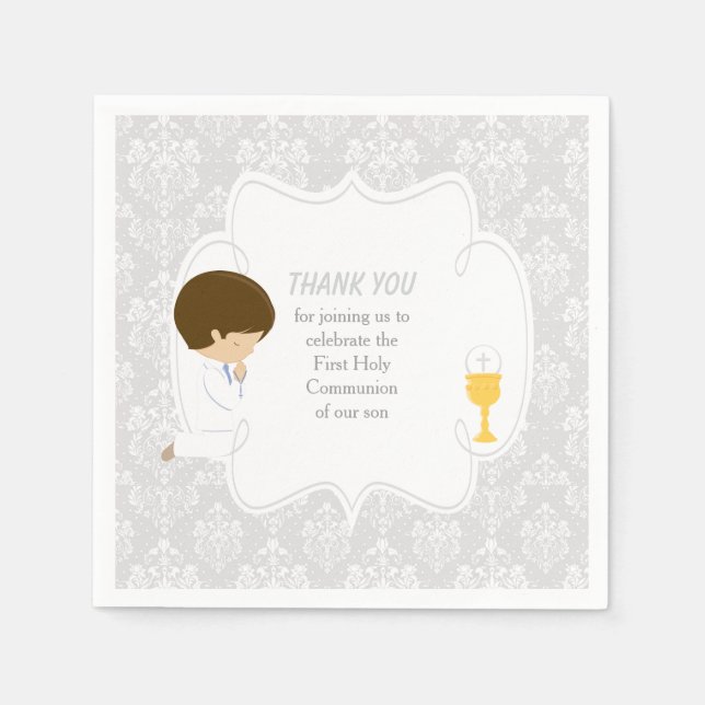 First Communion Brunette Boy Silver Damask Napkins (Front)