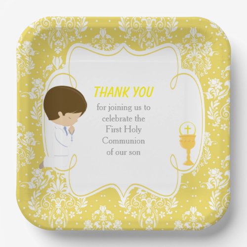 First Communion Brunette Boy Thank You Paper Plates
