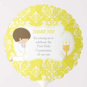 First Communion Brunette Boy Yellow Damask Balloon