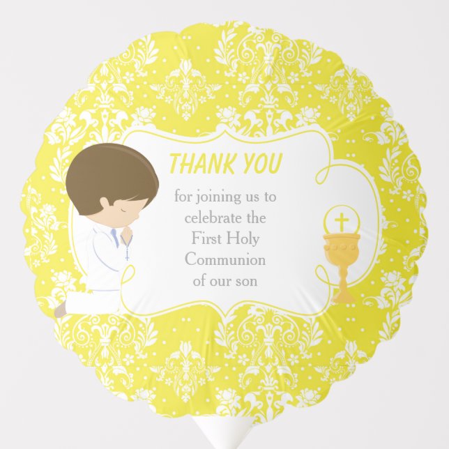 First Communion Brunette Boy Yellow Damask Balloon (Front)